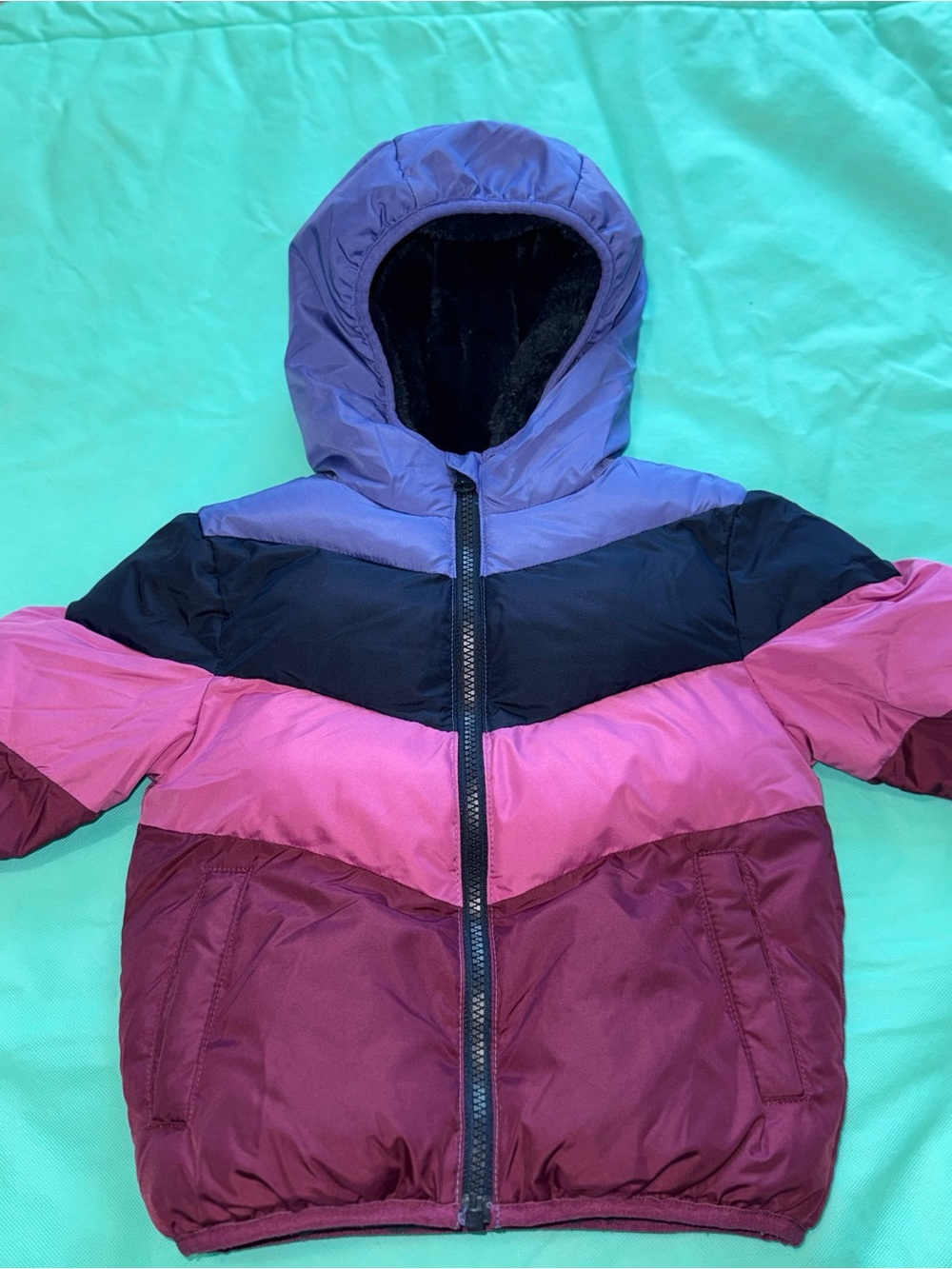 Kids Colorblock Hooded Puffer Jacket - Purple, Navy Blue, Pink, Maroon